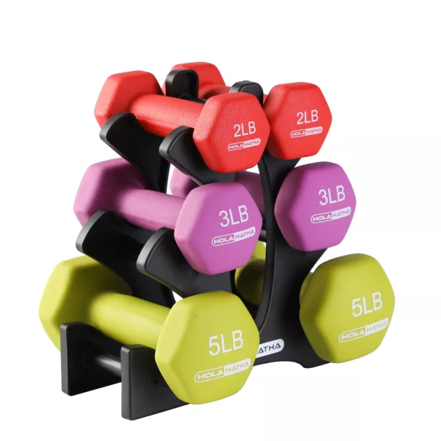 HolaHatha 2, 3, and 5 Pound Neoprene Dumbbell Free Hand Weight Set with Rack