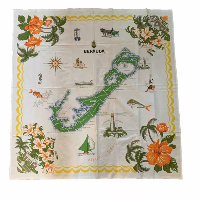 Vtg  New Bermuda Island Map Tablecloth Souvenir Kitsch MCM Style 50”x 48”