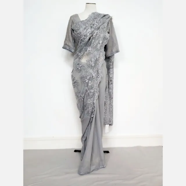 Zarkan Indian Designer Sale Saree with Blouse Grey Georgette UK Size L RRP £480