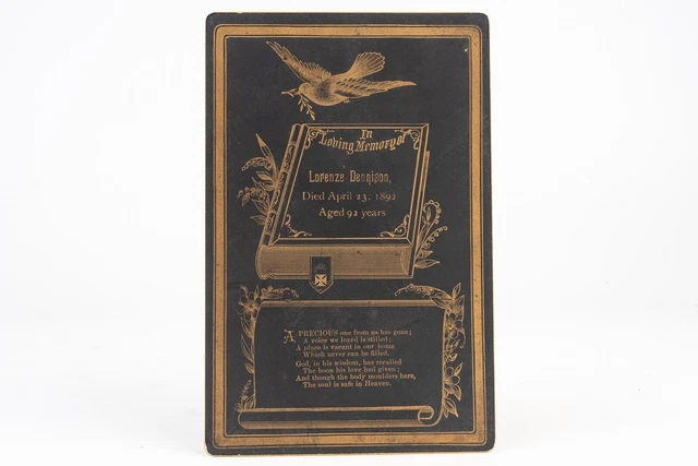 Died 1892 Lorenze Dennison Victorian Death Mourning Funeral Card Black Gold V25