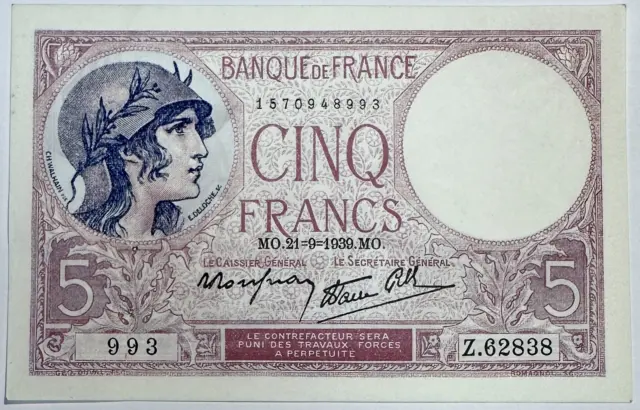 5 FRANCS VIOLET - 21.9.1939 - Billet de banque français // Qualité : TTB