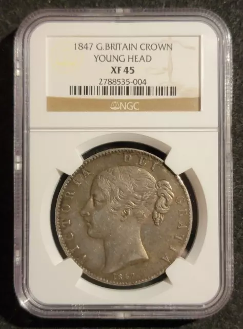 1847 Great Britain VICTORIA Silver Crown Young Head NGC XF 45