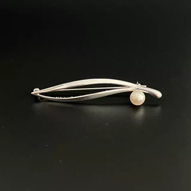 Vintage Mikimoto Brooch Pin Sterling Silver 925 Akoya Pearl 6mm 2" Signed