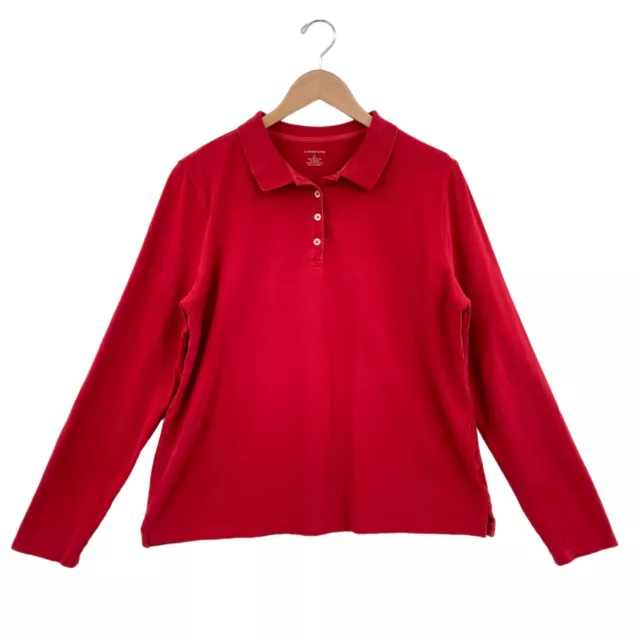 Lands' End Polo Shirt Womens Large Red Knit Cotton Long Sleeve Collared Pullover
