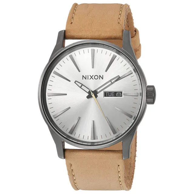 Nixon Men's Watch Sentry Quartz Silver Tone Dial Brown Leather Strap A1052741