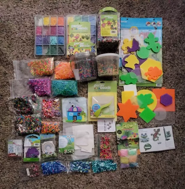 HUGE Lot Perler Beads (Almost 4 Lbs) 33 Forms Ironing Papers Patterns  Tweezers