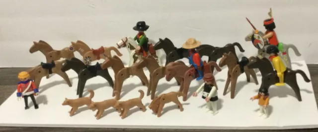 Vintage Playmobil Horses Cyote Dogs Indian Cowboy and a few other Figures Lot
