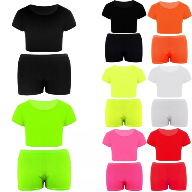 Kids Girls Neon Cycling Shorts Dance Beach Short Sleeve Crop Top & Hot Pants Set