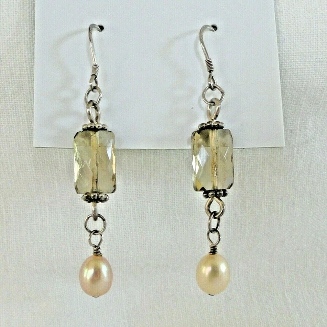 VTG Sterling Silver Smoky Quartz + Pearl Drop Dangle Hook Earrings 2-1/4" Long