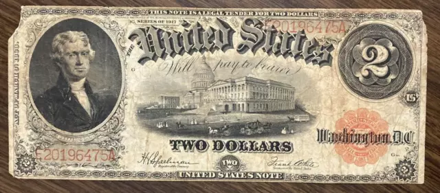 $2 1917 Legal Tender Large Bank Note Bill Red Seal Two Dollar Thomas Jefferson