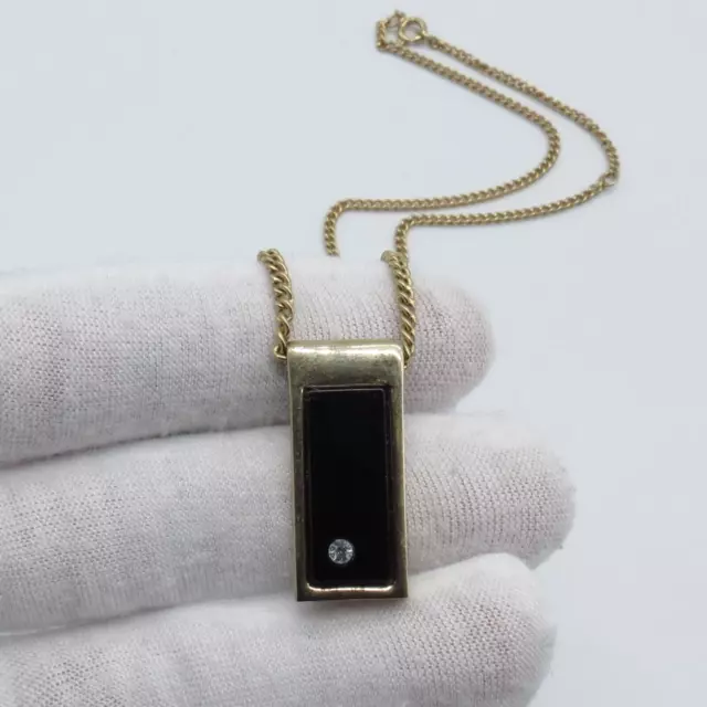 Avon Vintage Rectangle Pendant Necklace 16"to18" Black Gold Tone