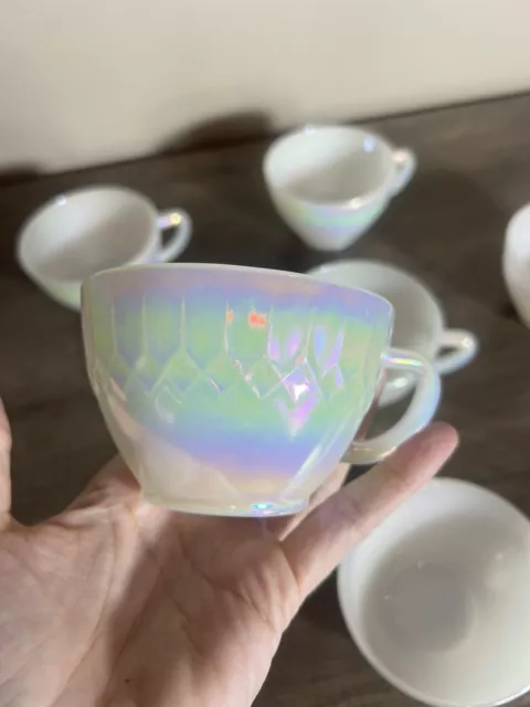 Vintage Federal Glass Moonglow Diamond Point Iridescent  Tea Cups 6pc Set