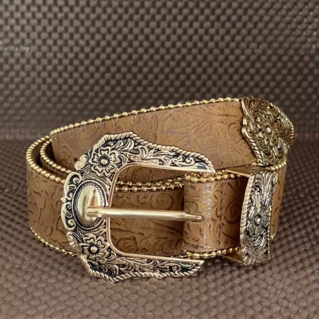 Women's Ladies Stylish Western Leather Vintage Buckle Belt Light Brown One Size