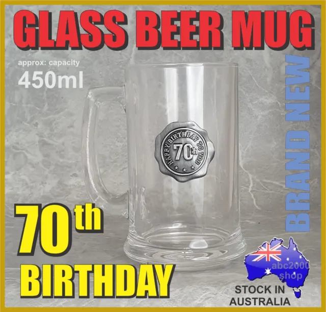 70th BIRTHDAY GLASS BEER MUG STEIN TANKARD WITH HANDLE HOME BAR GIFT 450ml