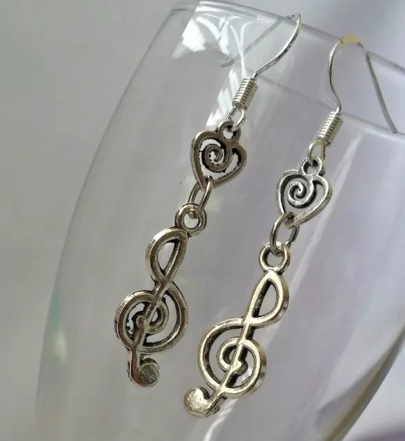 925 Sterling Silver Hook Treble Bass Clef Heart Music Note Dangle Drop Earrings