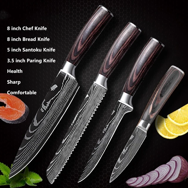 4 Stück Küchenmesser Set Japanische Kochmesser Damaskus Brotmesser Ausbeinmesser