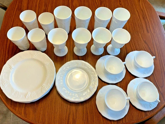 Four 7-Piece Settings Indiana White Milk Glass Dinnerware Colony Harvest Grape Four 7-Piece Settings Indiana White Milk Glass Dinnerware Colony Harvest Grape