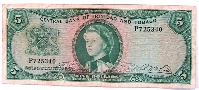 1964 Trinidad & Tobago 5 Dollar Ch VF Orig UK Currency Paper Money Banknote p27b