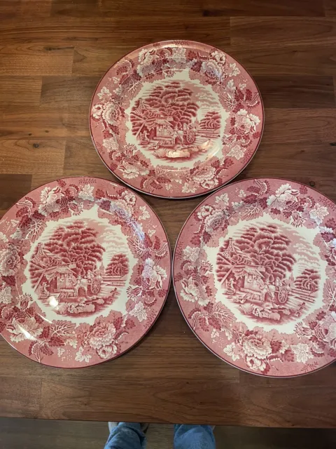 Set Of 3, Enoch Woods  English Scenery  Woods Ware  Plate Red Transfer Ware 10”