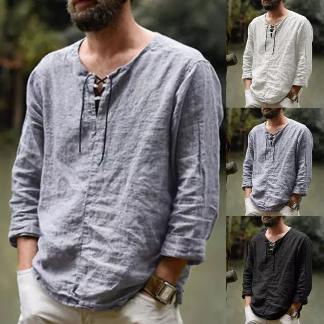 Mens Long Sleeve Casual Cotton Linen Shirts Summer Solid Beach Yoga T Shirt