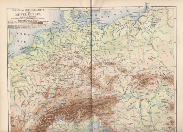 Landkarte Mittel-Europa Flüsse und Gebirge - Original Karte 1899 - Antique Print