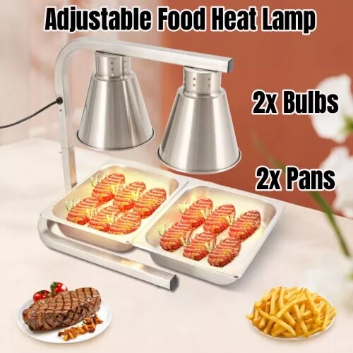 Fry Warmer W/ Dual Pans Grate & 2 Bulb Kit Food Heat Lamp Stand Commercial