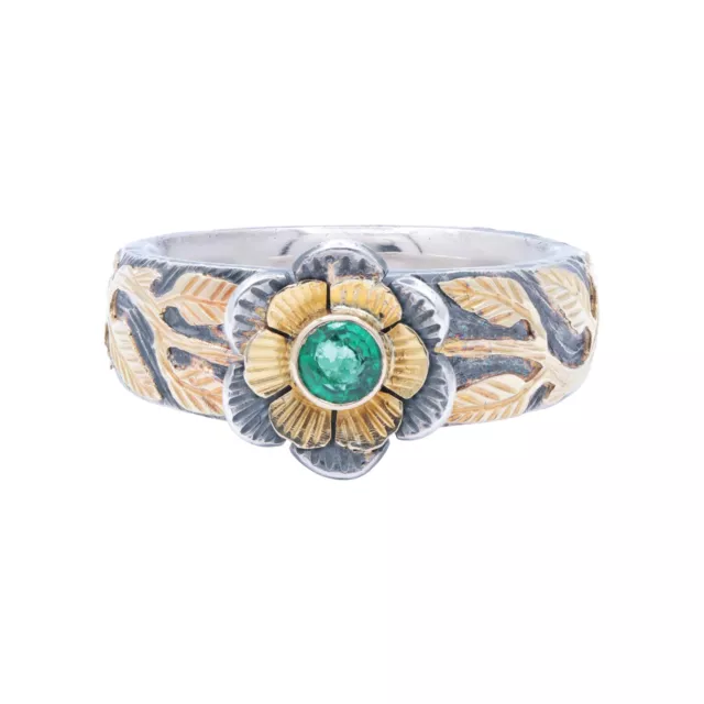 Beautiful Floral Emerald 18k Yellow Gold & 925 Solid Sterling Silver Ring Band