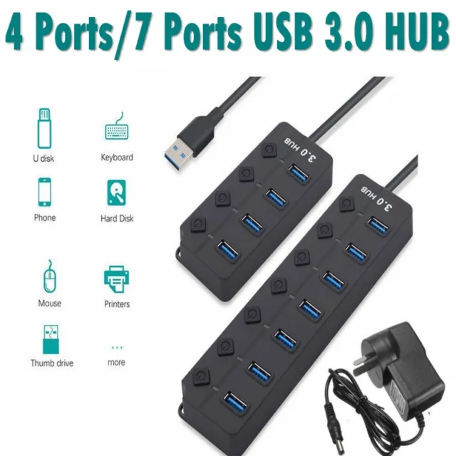 4/7 Port USB 3.0 2.0 Hub High Speed On/Off Switches Adapter For PC Laptop AU