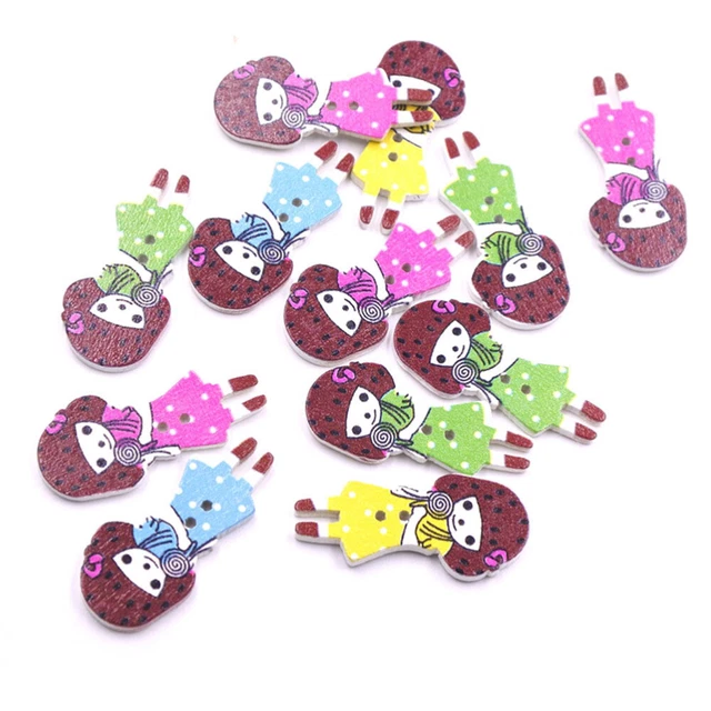 2 Pack Decorative Wood Button Colored Drawing Cartoon Wood Girl Shape