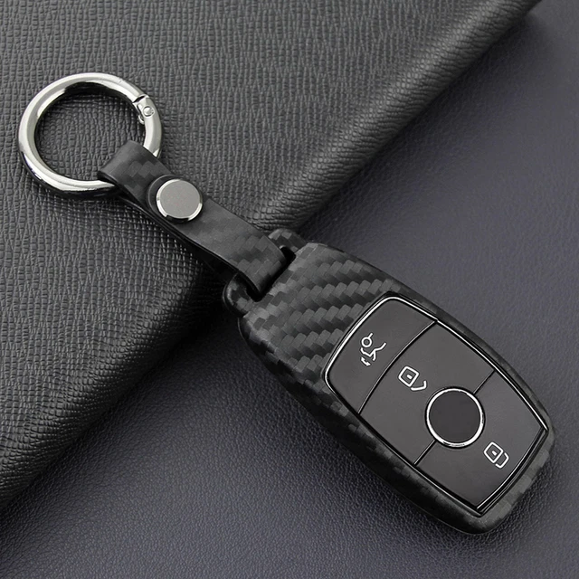 Carbon Fiber Look Silicone Key Fob Cover + Chain – Fits Mercedes C / E Class – Black