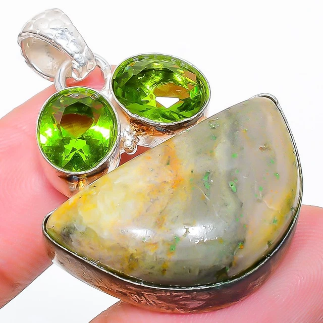 Mariposite, Peridot Gemstone Handmade 925 Sterling Silver Jewelry Pendant 1.62"
