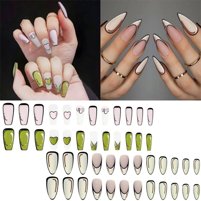 Press on Nails Anime French Square Head Medium Length Long Almond Fake Nails