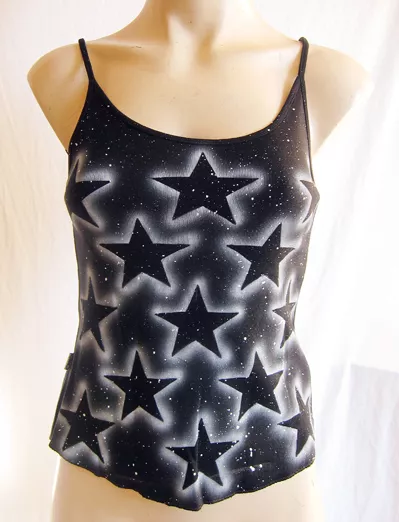 BLACK airbrushed vest/strappy T shirt, white star, size 10-12, new