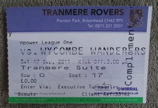 2011-12 Tranmere Rovers  v Wycombe Wanderers  - League One  - Ticket Stub