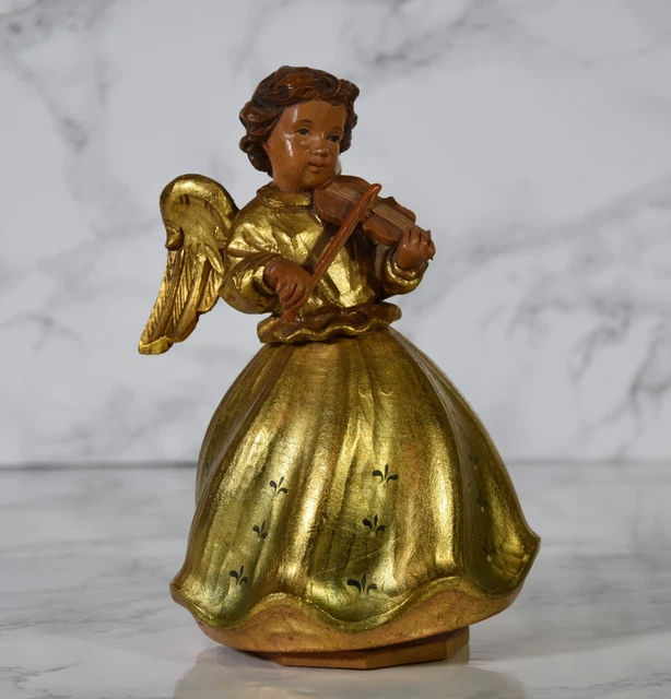 VINTAGE ANRI CARVED Wood Violin Angel Reuge Music Box Brahams
