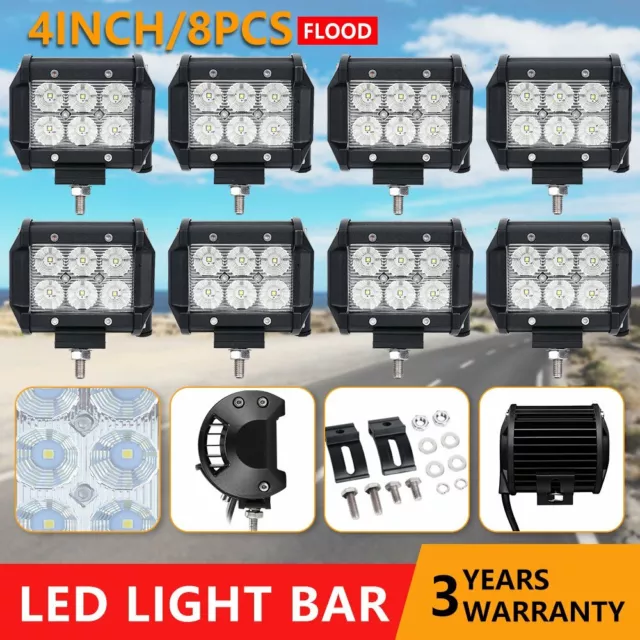 8x 4inch LED Work Driving Light Bar Flood Offroad SUV ATV Reverse Lamps 12V/24V