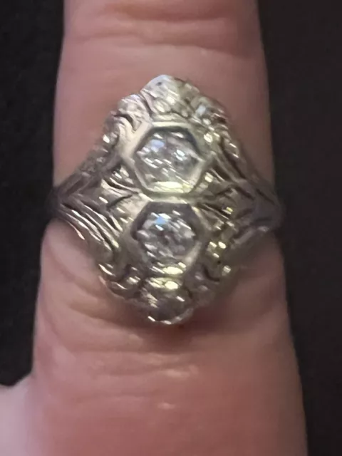 Vintage 18K White Gold 2 Diamond Fancy Filigree Pinky Ring Size 4