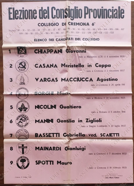1980 Cremona Elezione Consiglio Provinciale Collegio 6 lista Candidati manifesto