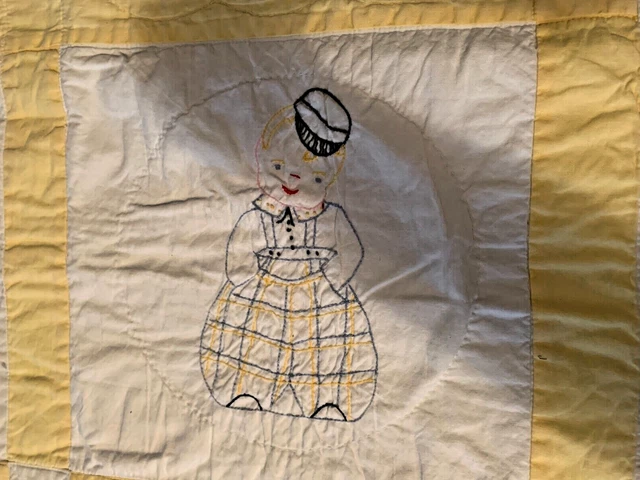 VintageHand Quilted Embroidered Yellow & White Baby Quilt Wall Hanging 42” X36”