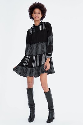 NWT Zara Womens Size Small Black White Contrasting Embroidery Mini Boho Dress