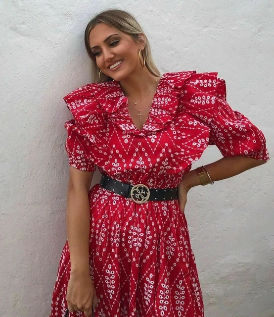 ZARA RED MIDI Flowing Ruffled Dress With Cutwork Embroidery Puff Sleeves,  Size M 39.99 - PicClick UK