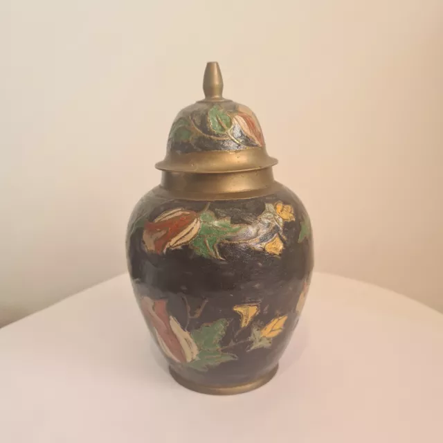Chinese Hand Painted Cloisonné Metal Floral Ginger Jar 15cm Tall With Lid Brass