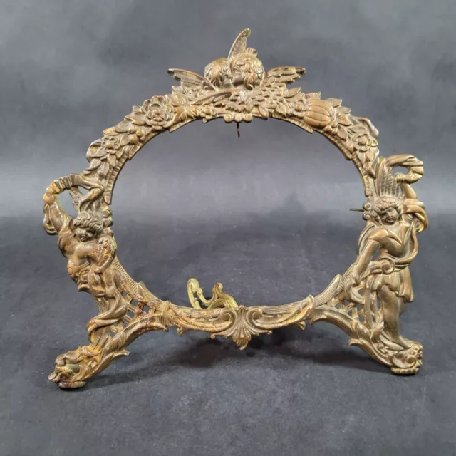 Antique Cast Metal Oval Metal Picture Standing Frame Cherubs Angels NO GLASS