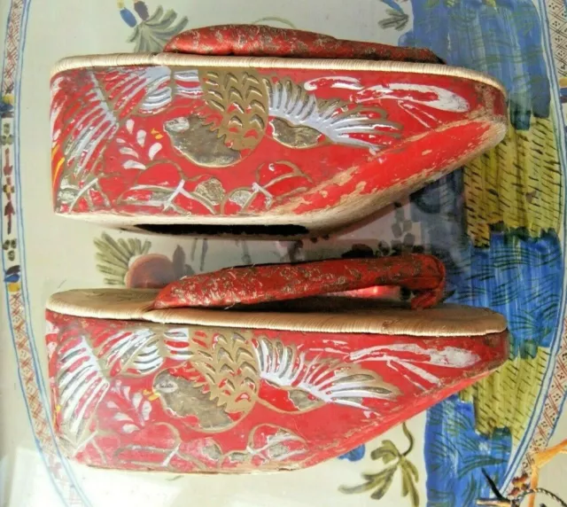 VTG Japanese Crane Woven straw, Kimonos' silk brocade Pokkuri Geta Wooden Shoes
