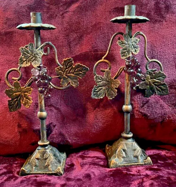 Wrought Iron Candleholder candelabra VTG Grapevine GLASS GRAPE gothic 15"X9"