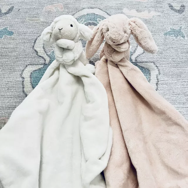 2 Jellycat Bashful Pink Bunny & Sheep Lamb Soother Lovey Security Blanket Plush