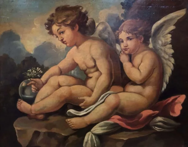 Antico Dipinto Olio Su Tela '800 Mitologico -  Due Putti Angeli con Ali 40x50 Cm