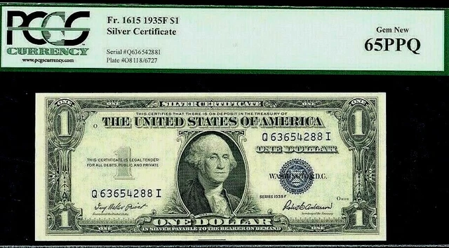 Fr.1615 $1.00 1935-F SILVER CERTIFICATE Q63654288I PCGS 65 PPQ GEM UNCIRULATED!!