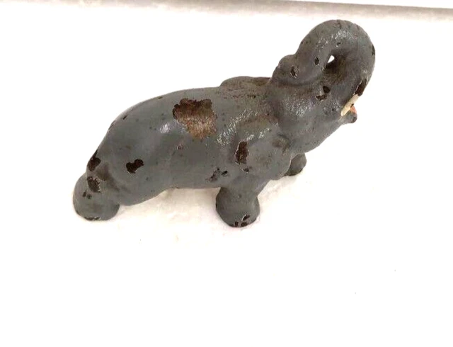 Antique Cast Iron Elephant Statue Figurine Painted 1 3/4 High Two Inches Long