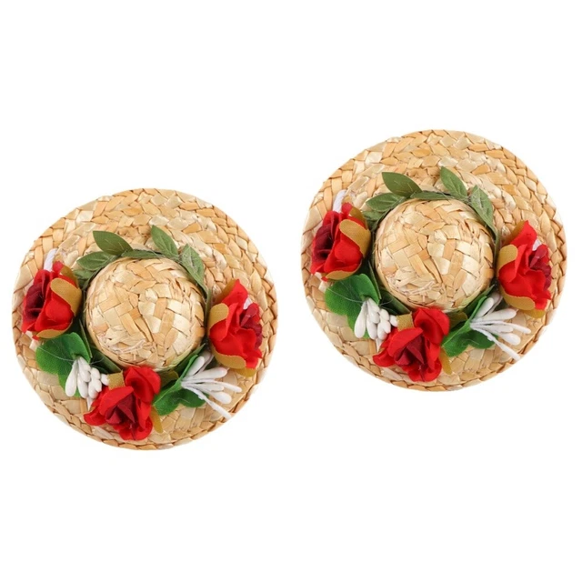 Lot De 2 Mini Chapeaux De Paille Tressés - 5.1 X 2.5 Cm - Pour Artisanat, Décoration De Poupée, Bouteilles, Projets Miniatures